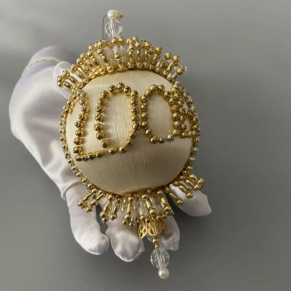 2006 Christmas Ivory Gold Dated Beaded Push Pin Ornament Large Handmade Ornate